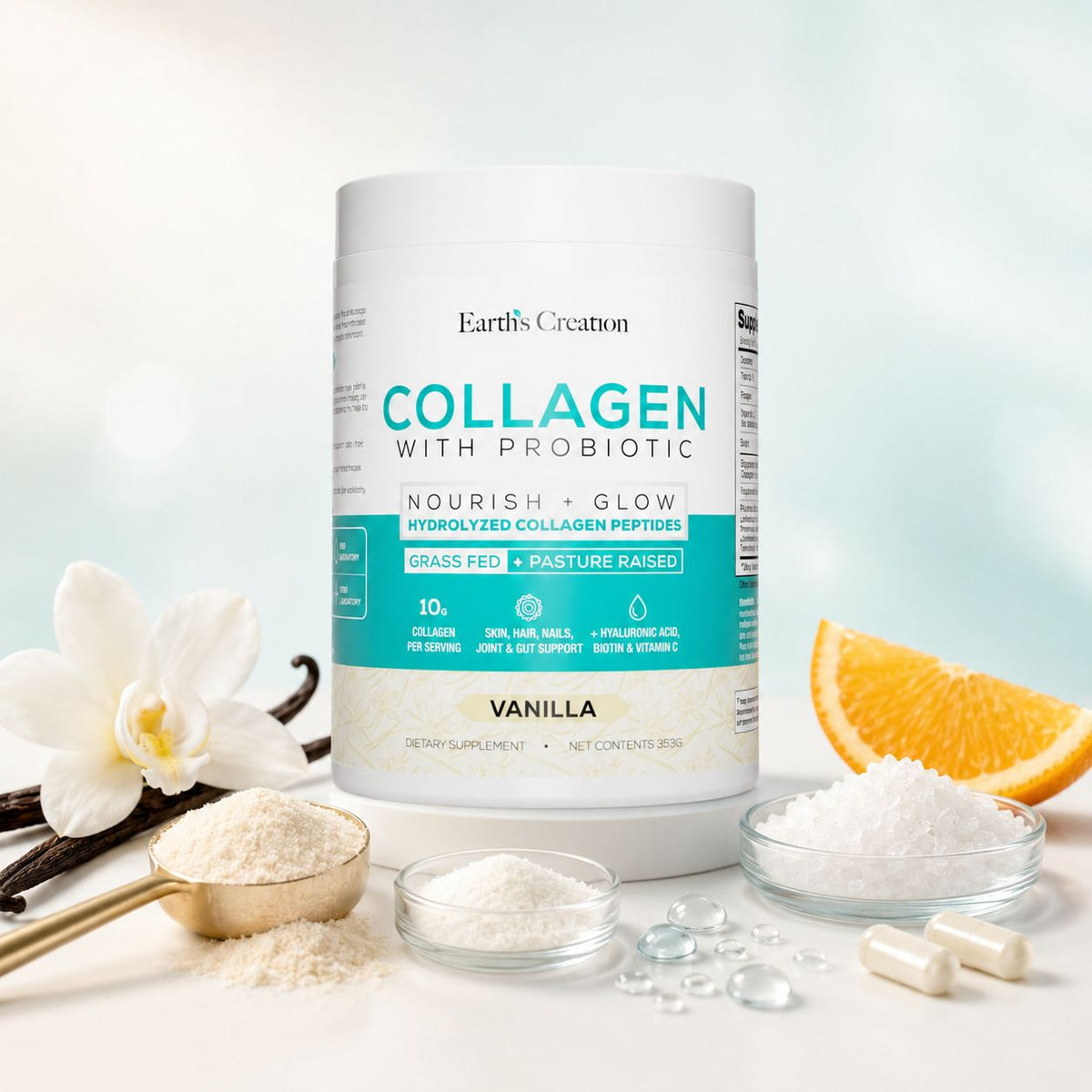 Earth’s Creation Collagen with Probiotic – Vanilla | Nourish + Glow, 10g Collagen per Serving